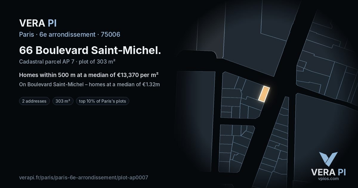 66 Boulevard Saint-Michel, 6e arrondissement at night – the plot lit, the parcels around coloured by the prices near them
