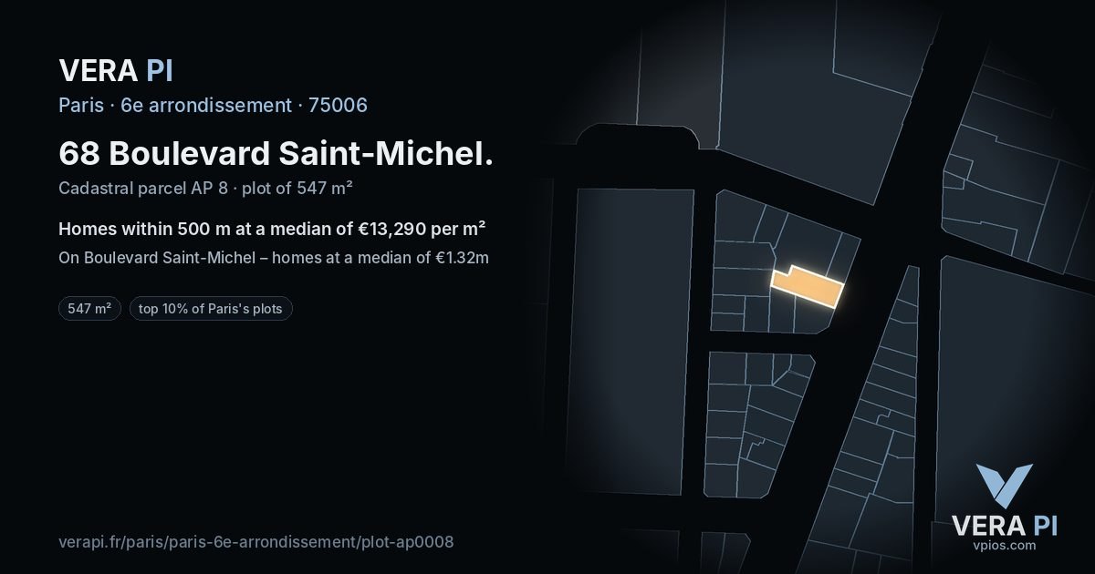68 Boulevard Saint-Michel, 6e arrondissement at night – the plot lit, the parcels around coloured by the prices near them