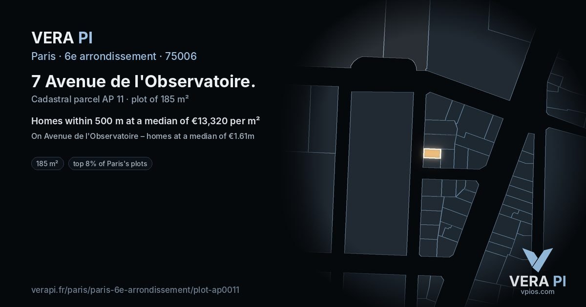 7 Avenue de l'Observatoire, 6e arrondissement at night – the plot lit, the parcels around coloured by the prices near them