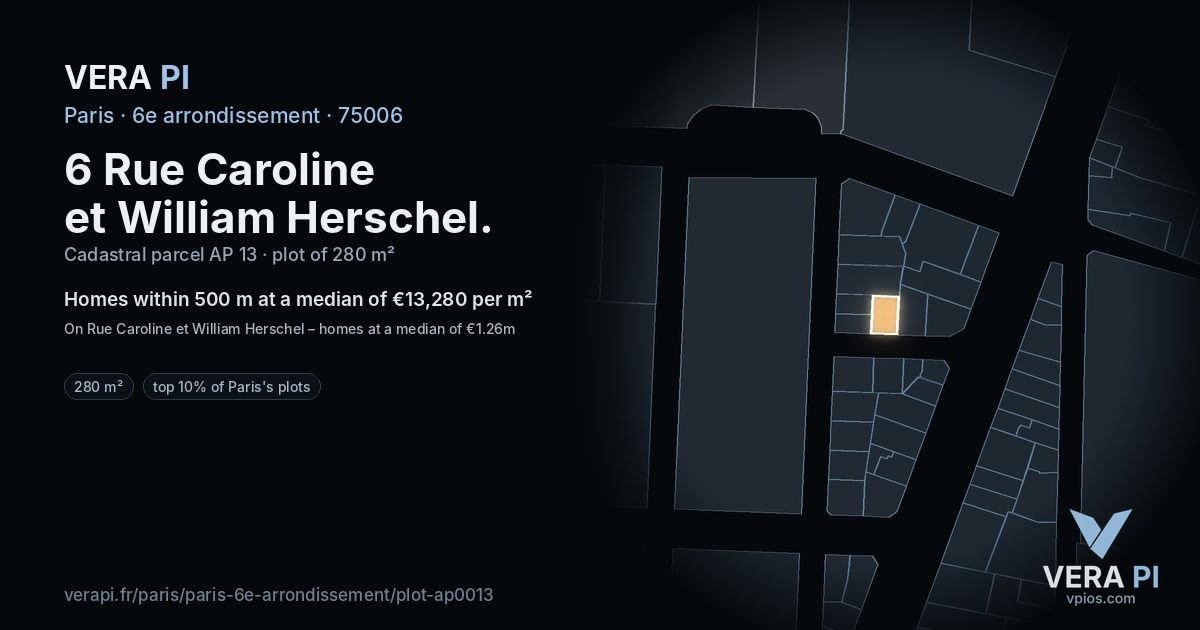 6 Rue Caroline et William Herschel, 6e arrondissement at night – the plot lit, the parcels around coloured by the prices near them