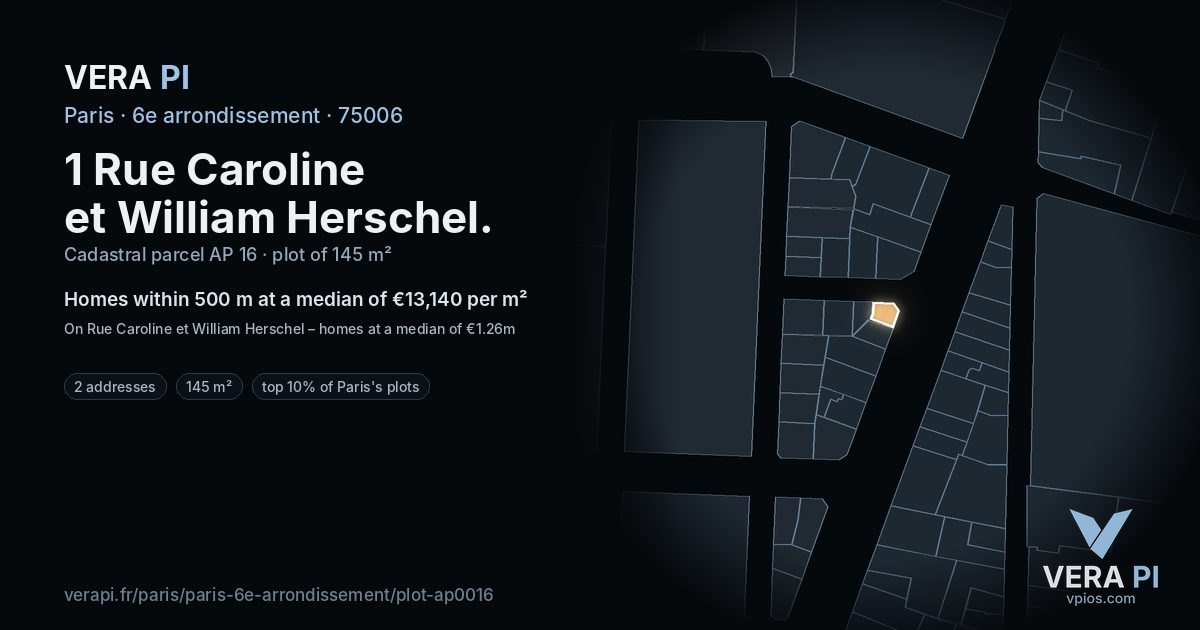 1 Rue Caroline et William Herschel, 6e arrondissement at night – the plot lit, the parcels around coloured by the prices near them