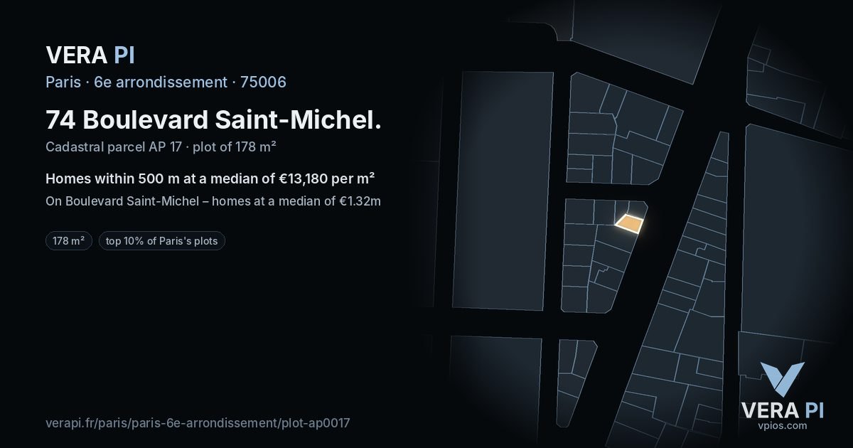 74 Boulevard Saint-Michel, 6e arrondissement at night – the plot lit, the parcels around coloured by the prices near them