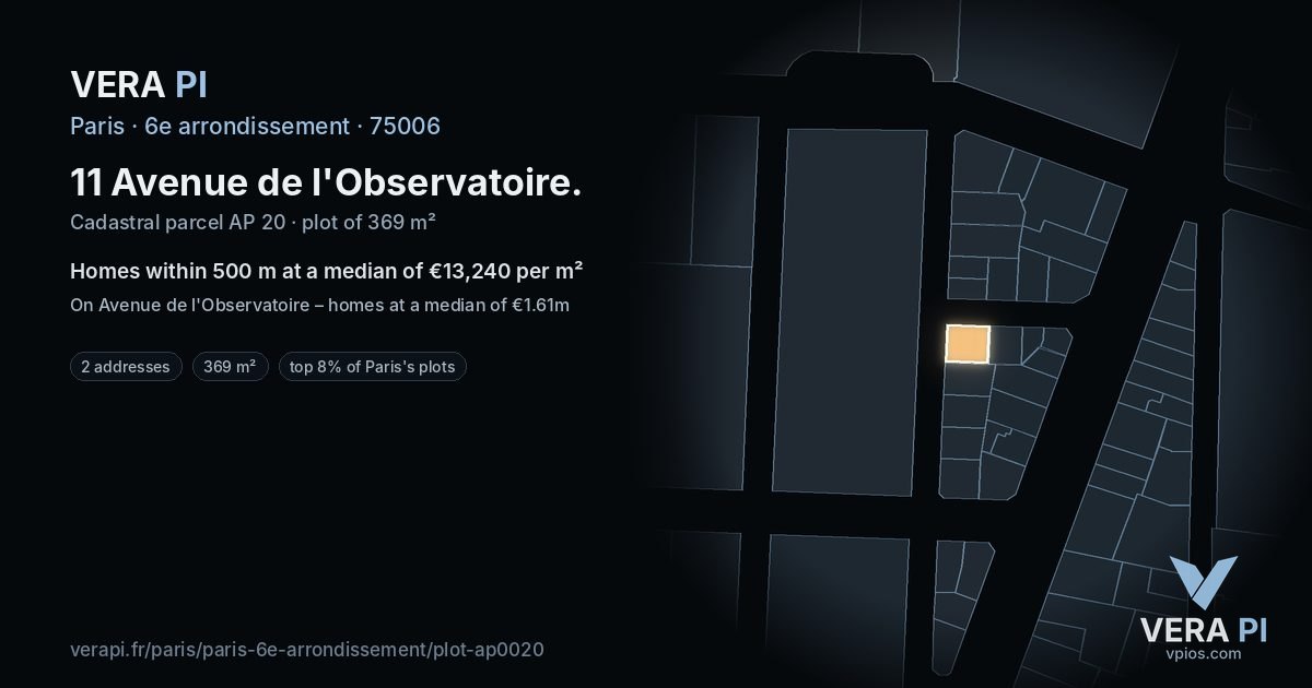 11 Avenue de l'Observatoire, 6e arrondissement at night – the plot lit, the parcels around coloured by the prices near them