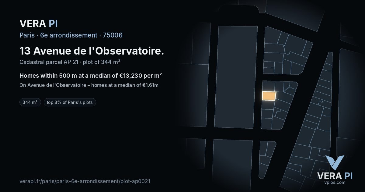 13 Avenue de l'Observatoire, 6e arrondissement at night – the plot lit, the parcels around coloured by the prices near them