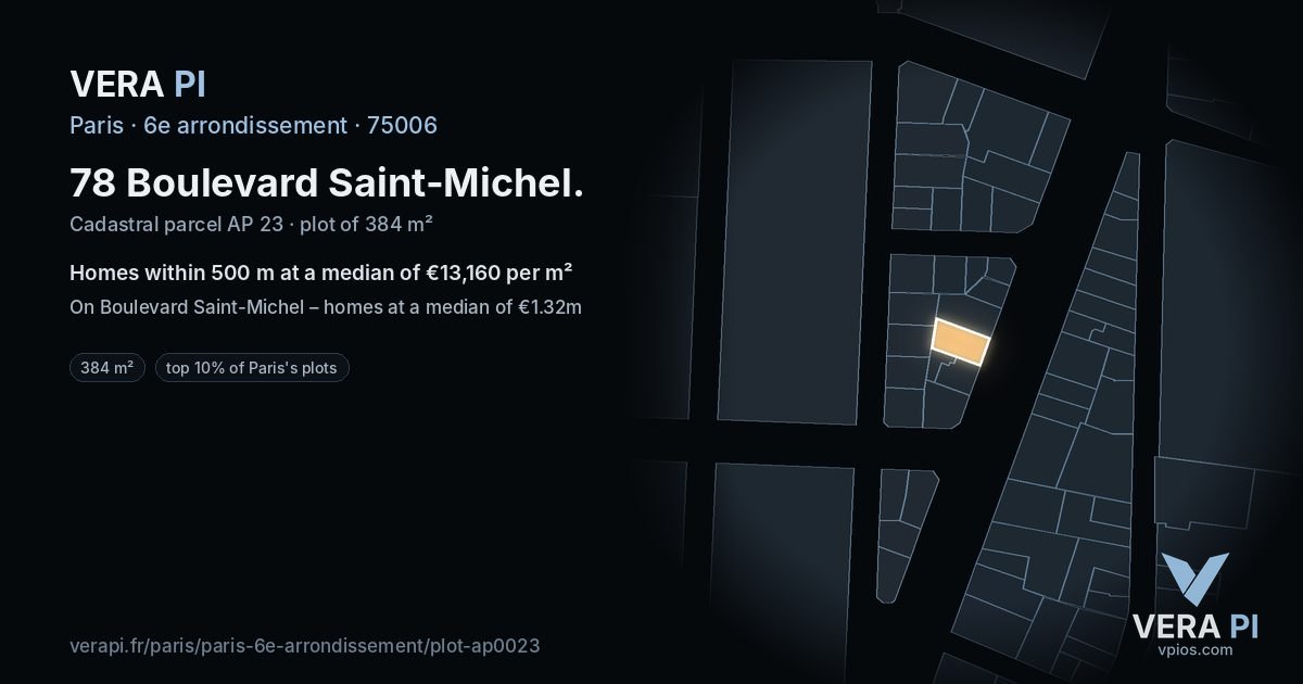 78 Boulevard Saint-Michel, 6e arrondissement at night – the plot lit, the parcels around coloured by the prices near them