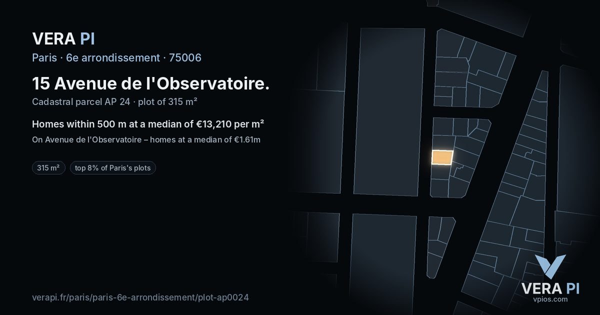15 Avenue de l'Observatoire, 6e arrondissement at night – the plot lit, the parcels around coloured by the prices near them
