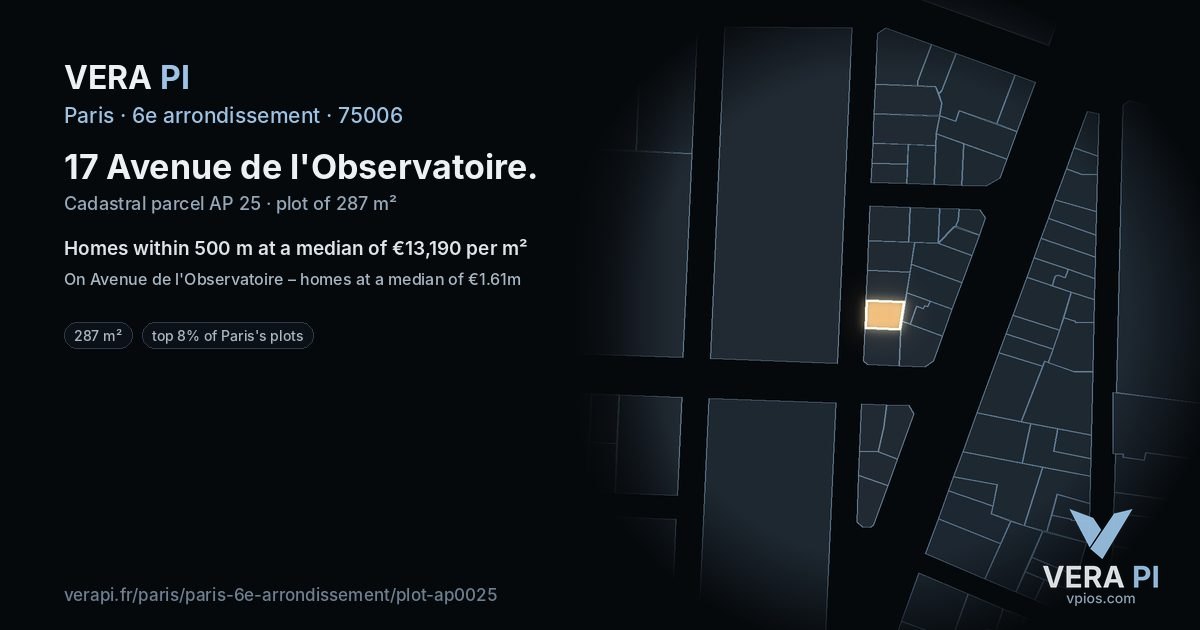 17 Avenue de l'Observatoire, 6e arrondissement at night – the plot lit, the parcels around coloured by the prices near them