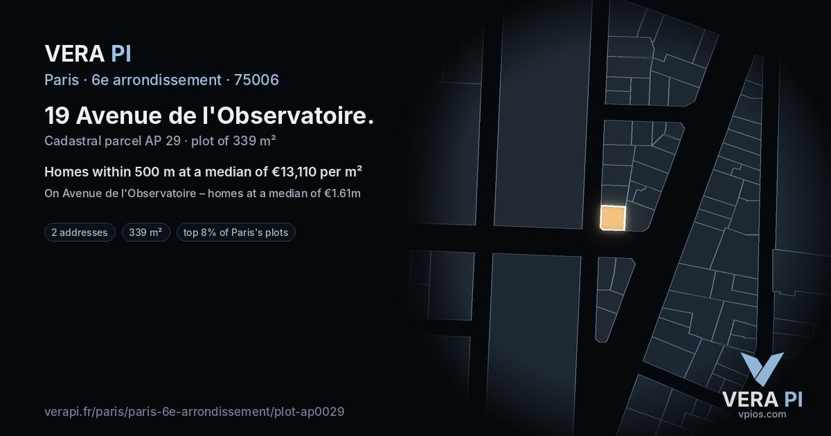 19 Avenue de l'Observatoire, 6e arrondissement at night – the plot lit, the parcels around coloured by the prices near them