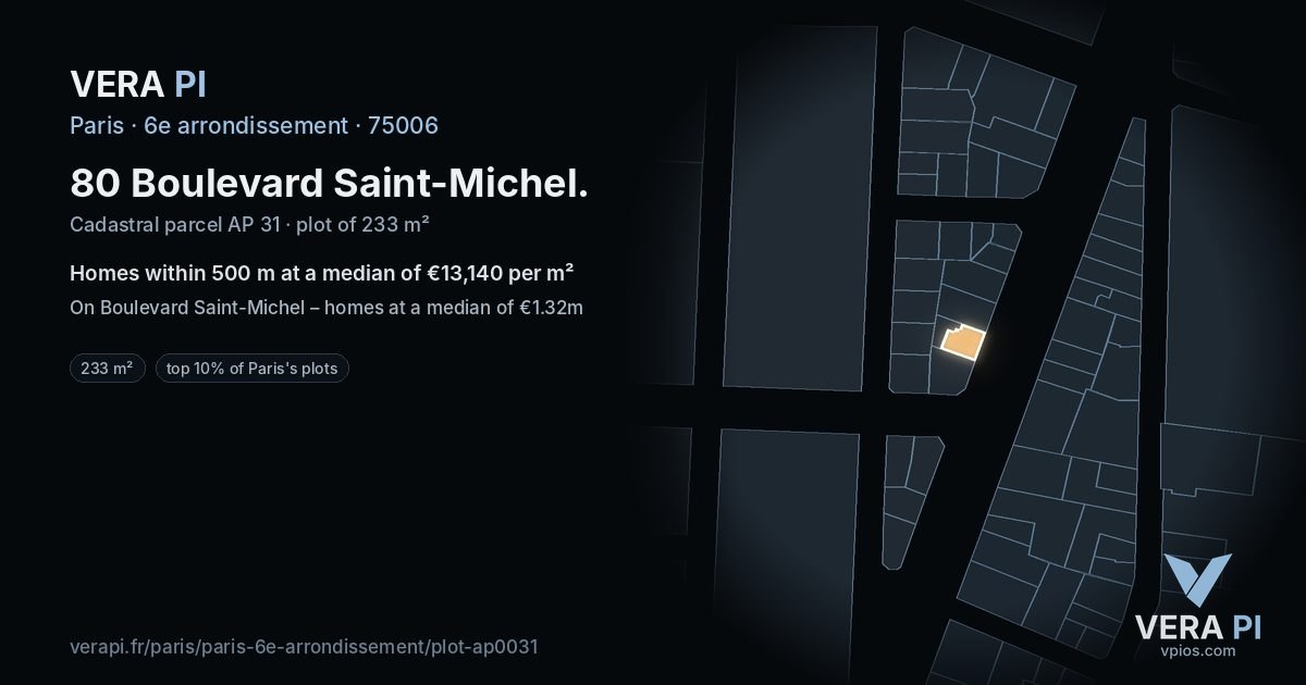 80 Boulevard Saint-Michel, 6e arrondissement at night – the plot lit, the parcels around coloured by the prices near them