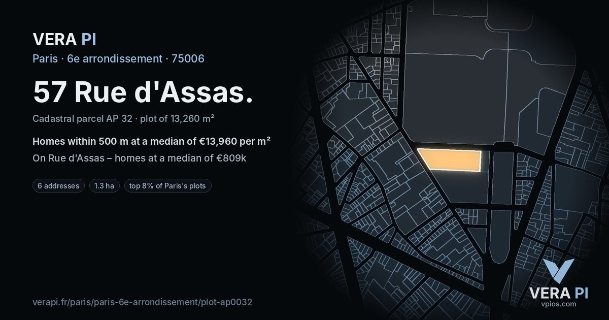 57 Rue d'Assas, 6e arrondissement at night – the plot lit, the parcels around coloured by the prices near them