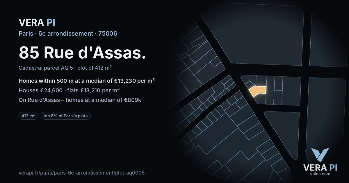 85 Rue d'Assas, 6e arrondissement at night – the plot lit, the parcels around coloured by the prices near them