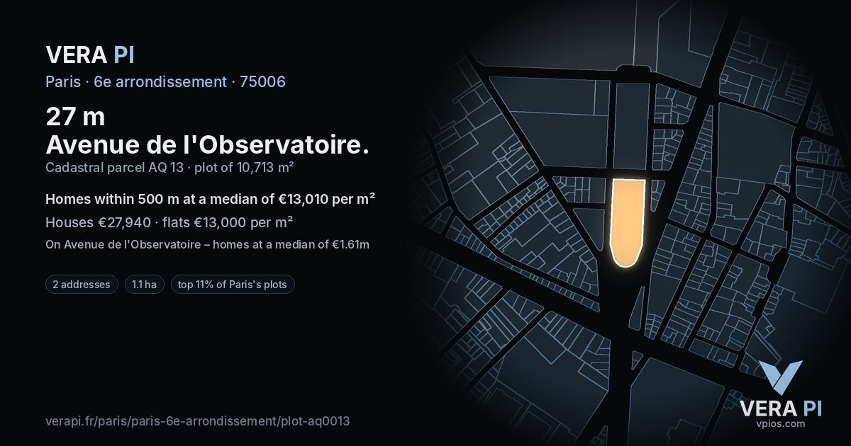 27 m Avenue de l'Observatoire, 6e arrondissement at night – the plot lit, the parcels around coloured by the prices near them