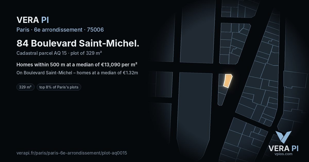 84 Boulevard Saint-Michel, 6e arrondissement at night – the plot lit, the parcels around coloured by the prices near them