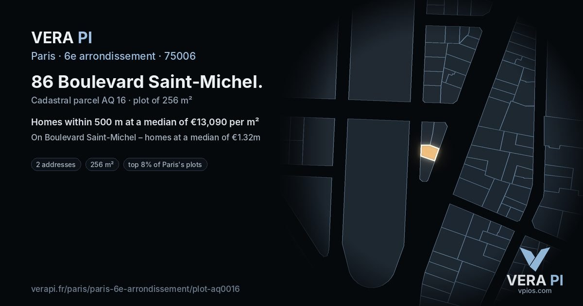86 Boulevard Saint-Michel, 6e arrondissement at night – the plot lit, the parcels around coloured by the prices near them