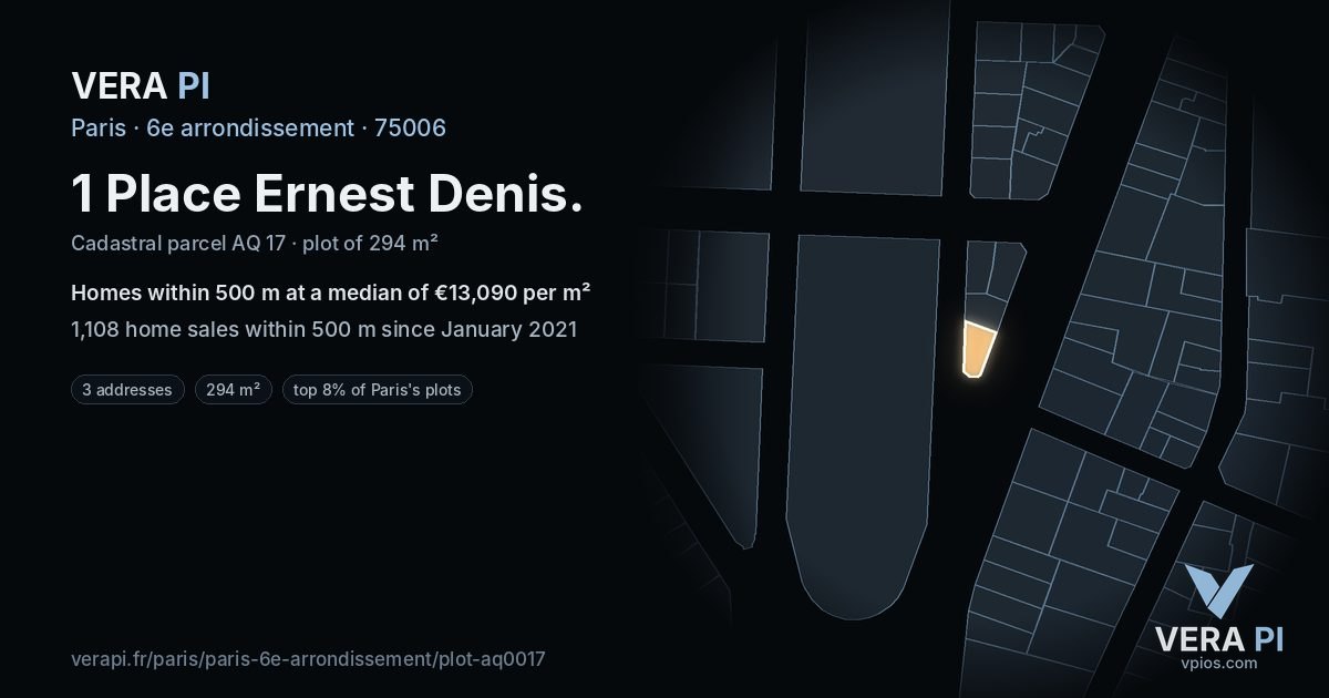 1 Place Ernest Denis, 6e arrondissement at night – the plot lit, the parcels around coloured by the prices near them
