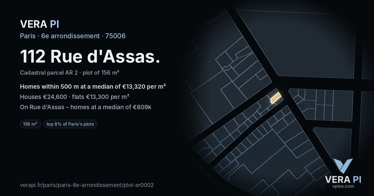 112 Rue d'Assas, 6e arrondissement at night – the plot lit, the parcels around coloured by the prices near them