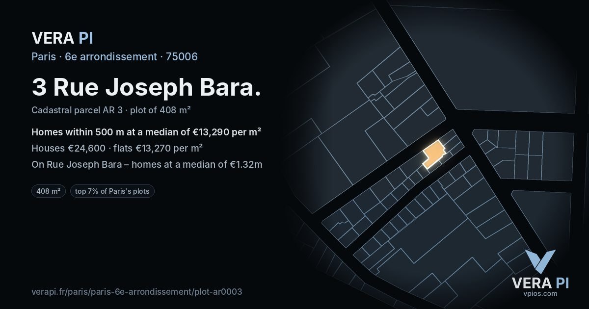 3 Rue Joseph Bara, 6e arrondissement at night – the plot lit, the parcels around coloured by the prices near them