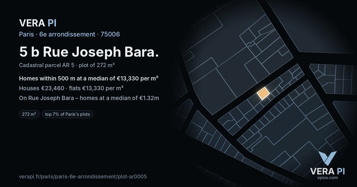 5 b Rue Joseph Bara, 6e arrondissement at night – the plot lit, the parcels around coloured by the prices near them