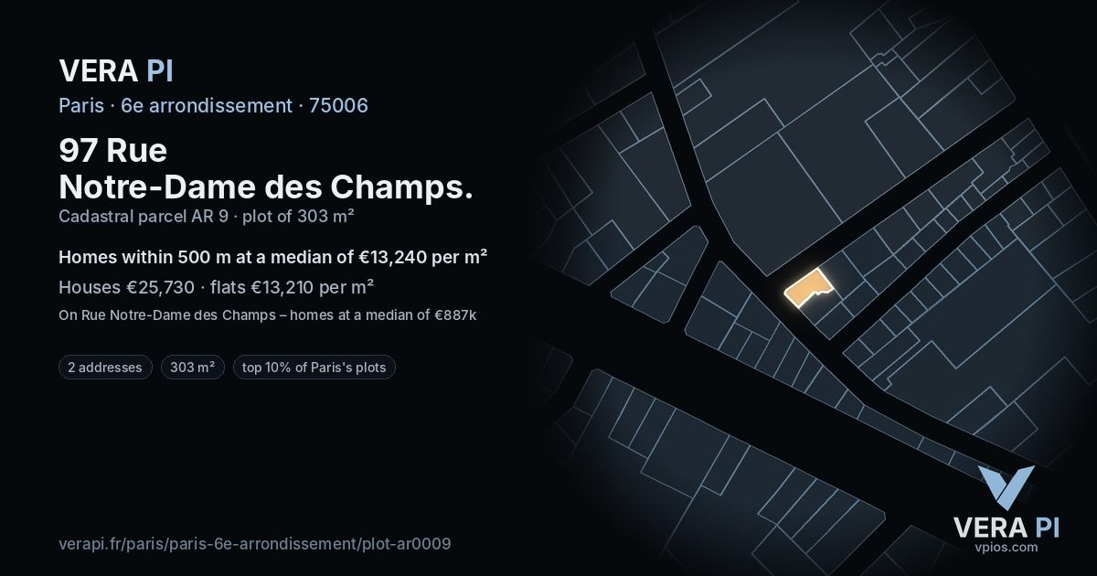97 Rue Notre-Dame des Champs, 6e arrondissement at night – the plot lit, the parcels around coloured by the prices near them