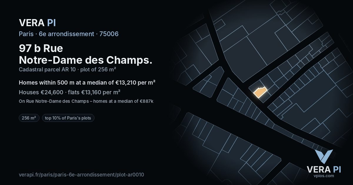 97 b Rue Notre-Dame des Champs, 6e arrondissement at night – the plot lit, the parcels around coloured by the prices near them