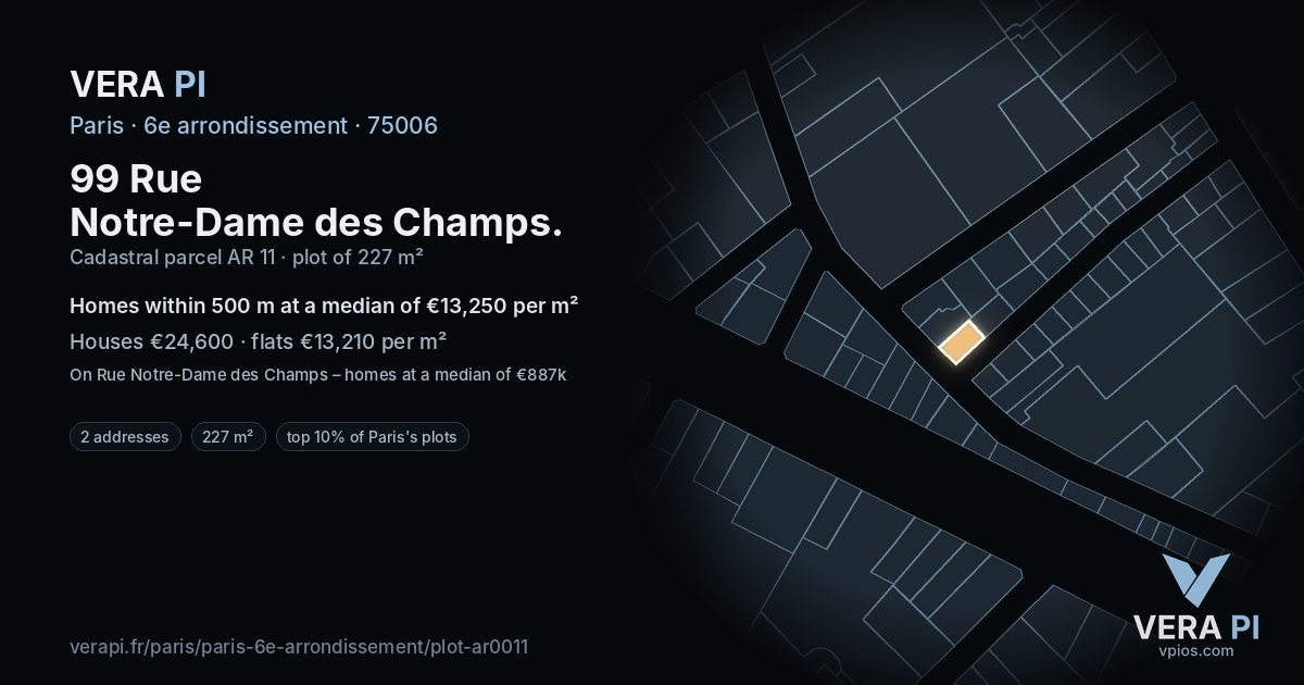 99 Rue Notre-Dame des Champs, 6e arrondissement at night – the plot lit, the parcels around coloured by the prices near them