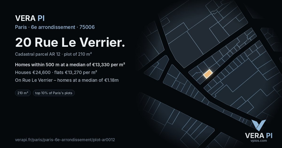 20 Rue Le Verrier, 6e arrondissement at night – the plot lit, the parcels around coloured by the prices near them