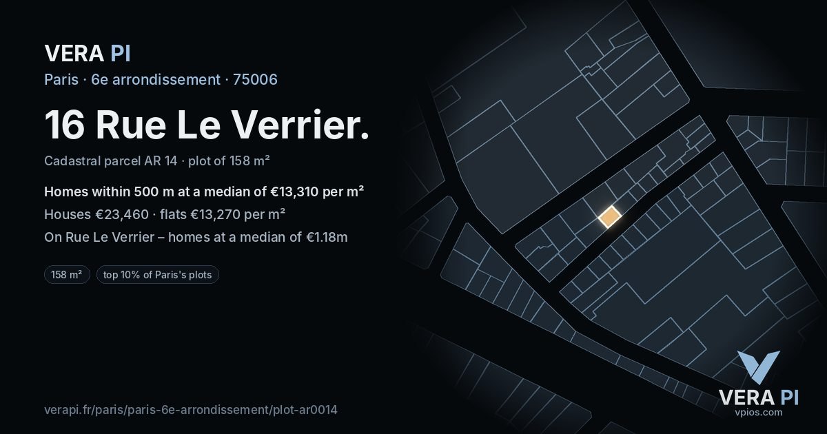 16 Rue Le Verrier, 6e arrondissement at night – the plot lit, the parcels around coloured by the prices near them