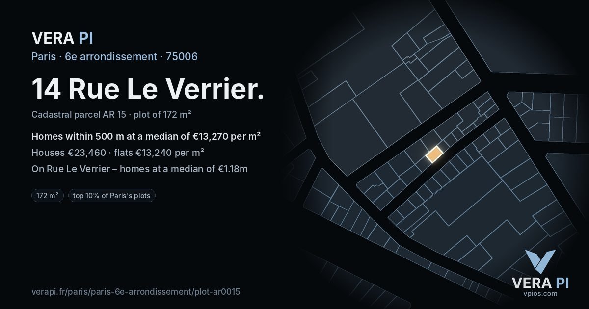 14 Rue Le Verrier, 6e arrondissement at night – the plot lit, the parcels around coloured by the prices near them