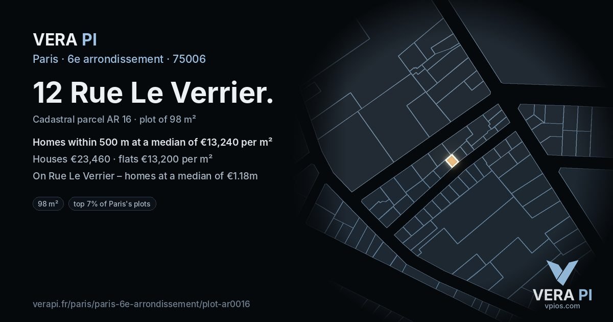 12 Rue Le Verrier, 6e arrondissement at night – the plot lit, the parcels around coloured by the prices near them