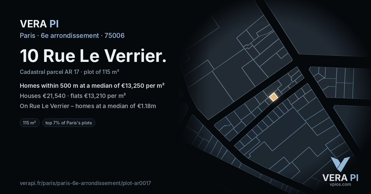 10 Rue Le Verrier, 6e arrondissement at night – the plot lit, the parcels around coloured by the prices near them