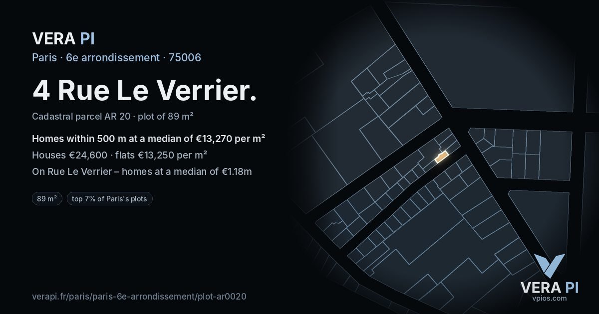 4 Rue Le Verrier, 6e arrondissement at night – the plot lit, the parcels around coloured by the prices near them