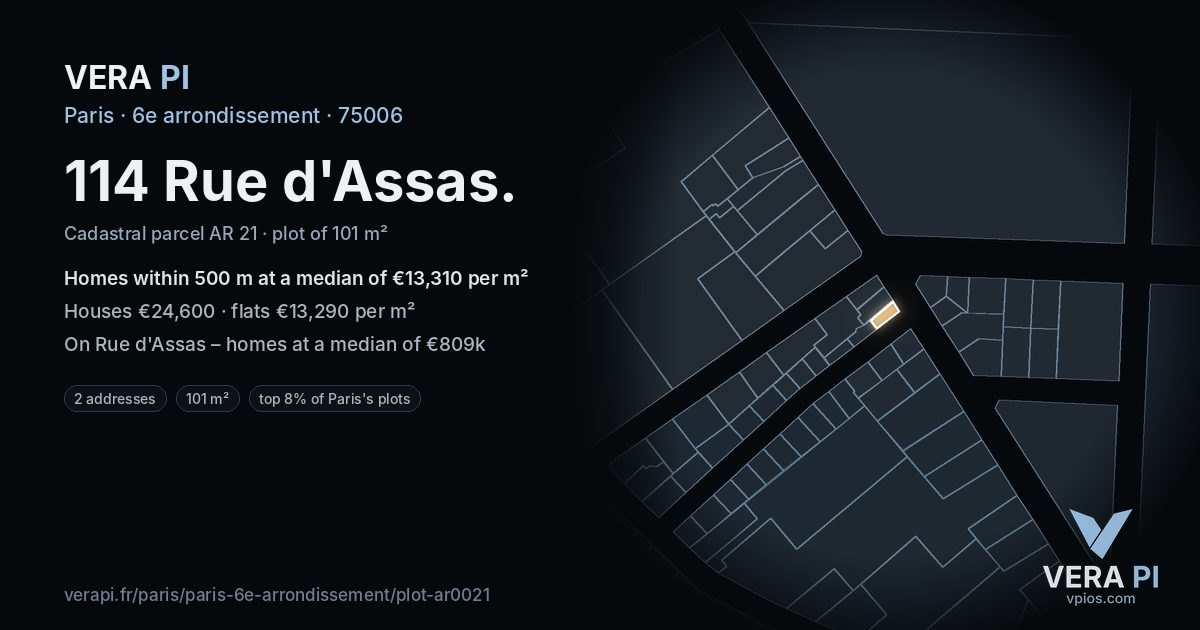 114 Rue d'Assas, 6e arrondissement at night – the plot lit, the parcels around coloured by the prices near them