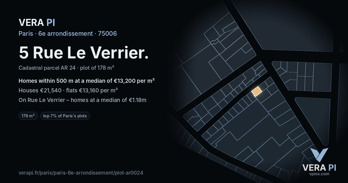 5 Rue Le Verrier, 6e arrondissement at night – the plot lit, the parcels around coloured by the prices near them