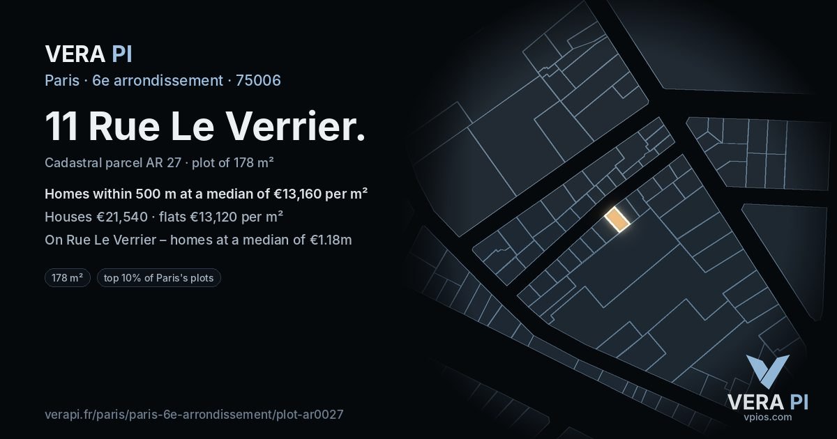 11 Rue Le Verrier, 6e arrondissement at night – the plot lit, the parcels around coloured by the prices near them