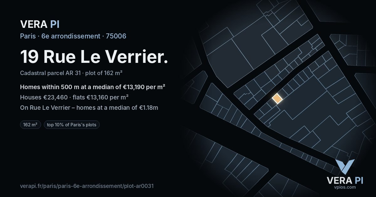 19 Rue Le Verrier, 6e arrondissement at night – the plot lit, the parcels around coloured by the prices near them