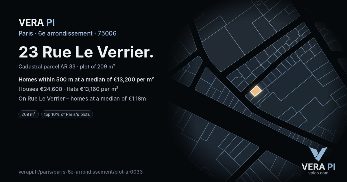 23 Rue Le Verrier, 6e arrondissement at night – the plot lit, the parcels around coloured by the prices near them