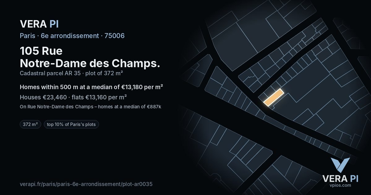 105 Rue Notre-Dame des Champs, 6e arrondissement at night – the plot lit, the parcels around coloured by the prices near them