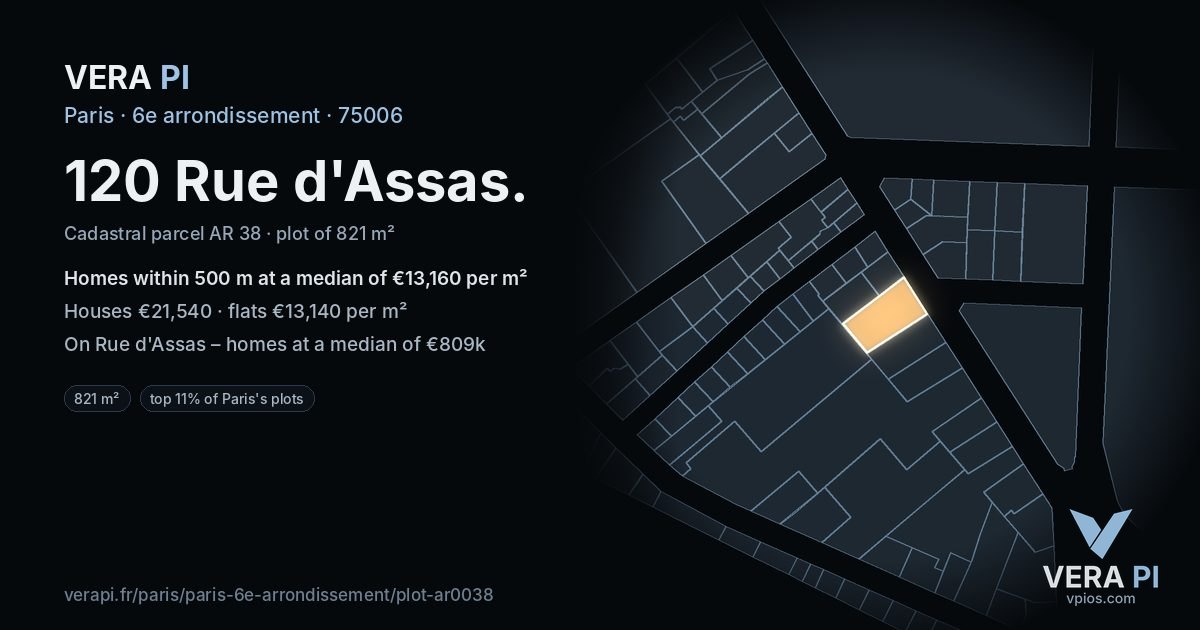 120 Rue d'Assas, 6e arrondissement at night – the plot lit, the parcels around coloured by the prices near them