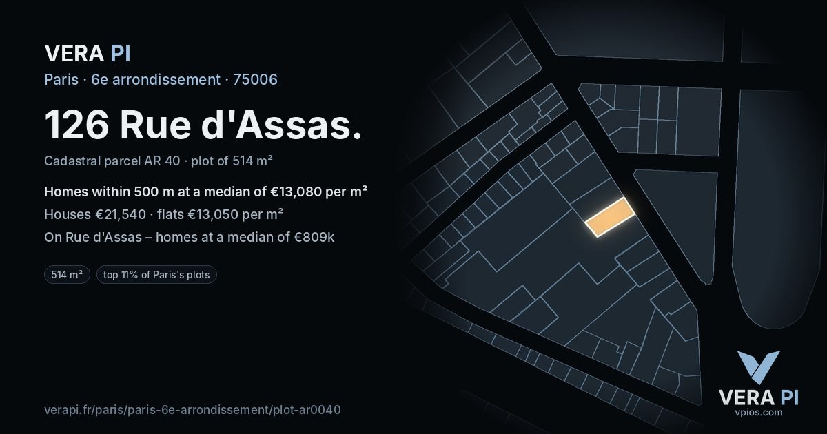 126 Rue d'Assas, 6e arrondissement at night – the plot lit, the parcels around coloured by the prices near them