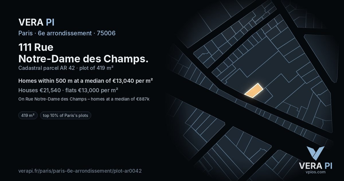 111 Rue Notre-Dame des Champs, 6e arrondissement at night – the plot lit, the parcels around coloured by the prices near them