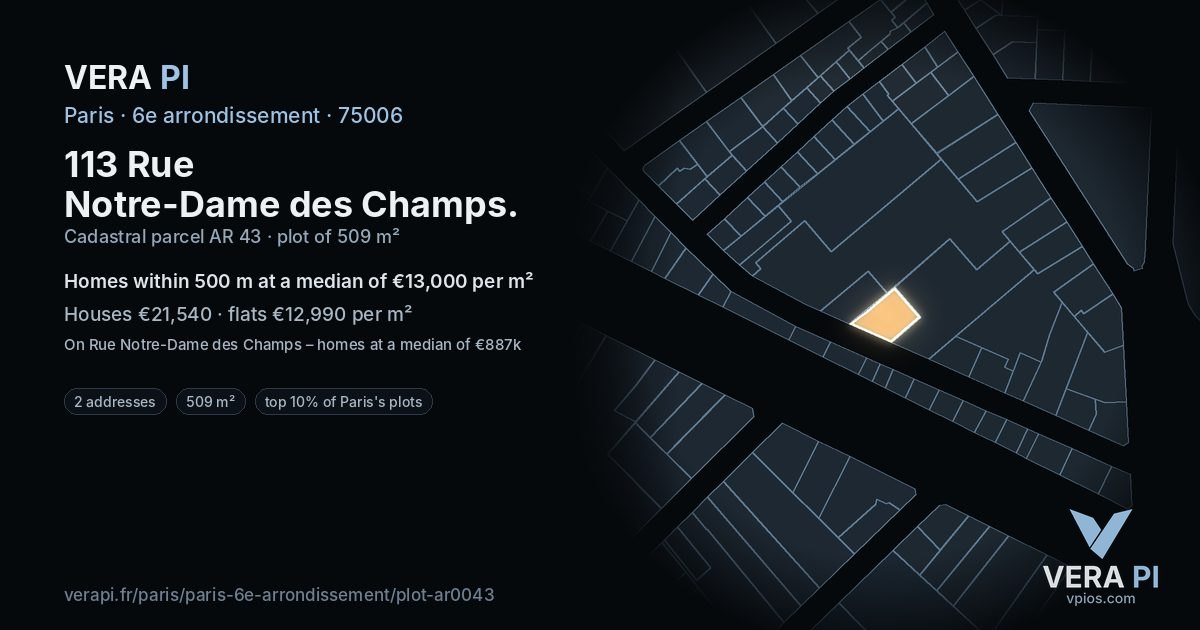 113 Rue Notre-Dame des Champs, 6e arrondissement at night – the plot lit, the parcels around coloured by the prices near them