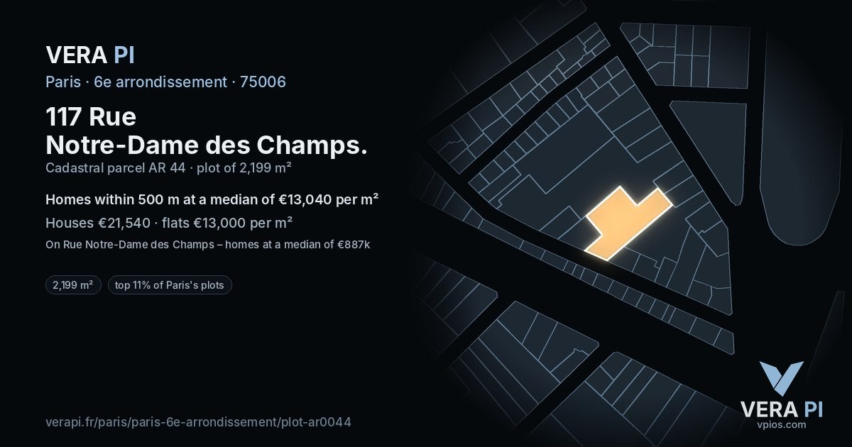 117 Rue Notre-Dame des Champs, 6e arrondissement at night – the plot lit, the parcels around coloured by the prices near them