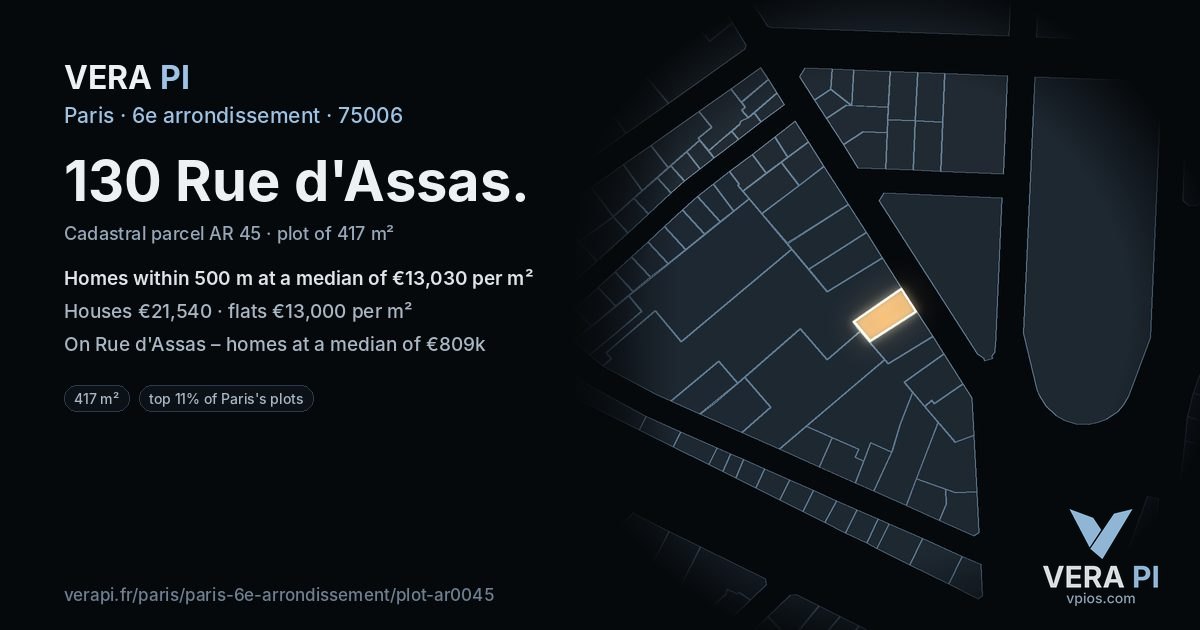 130 Rue d'Assas, 6e arrondissement at night – the plot lit, the parcels around coloured by the prices near them