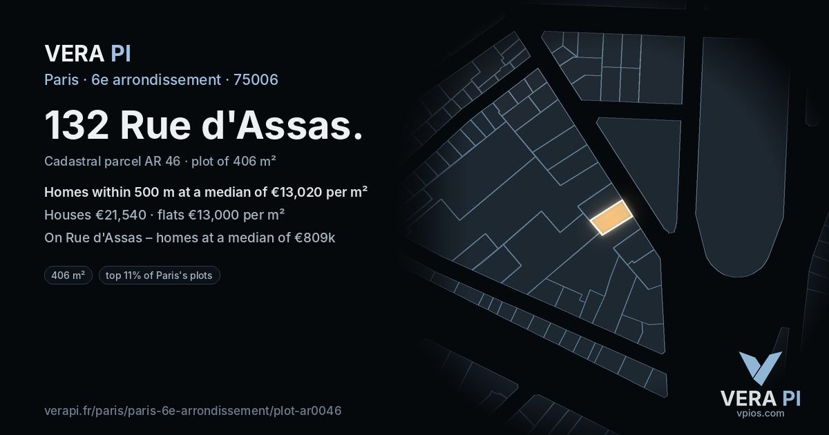 132 Rue d'Assas, 6e arrondissement at night – the plot lit, the parcels around coloured by the prices near them