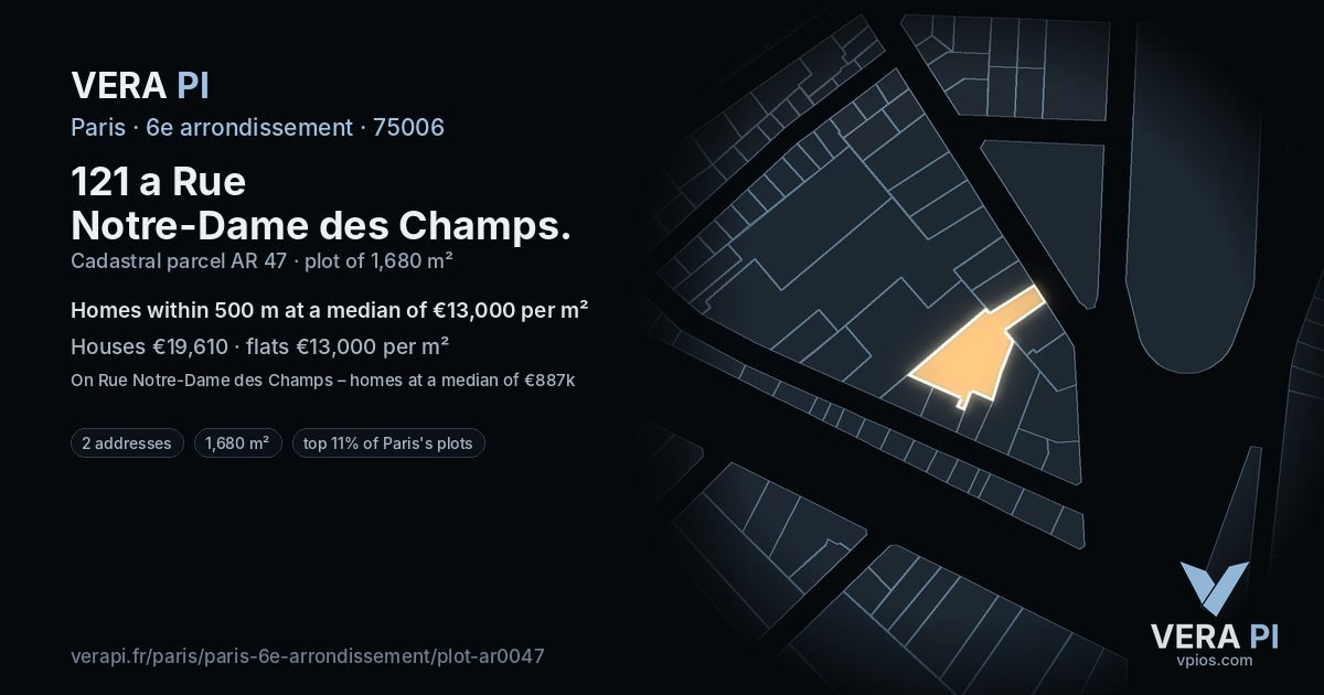 121 a Rue Notre-Dame des Champs, 6e arrondissement at night – the plot lit, the parcels around coloured by the prices near them