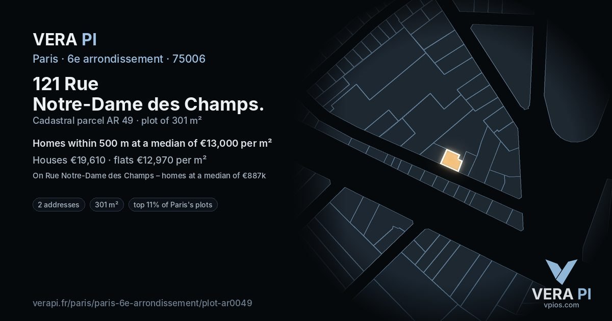 121 Rue Notre-Dame des Champs, 6e arrondissement at night – the plot lit, the parcels around coloured by the prices near them