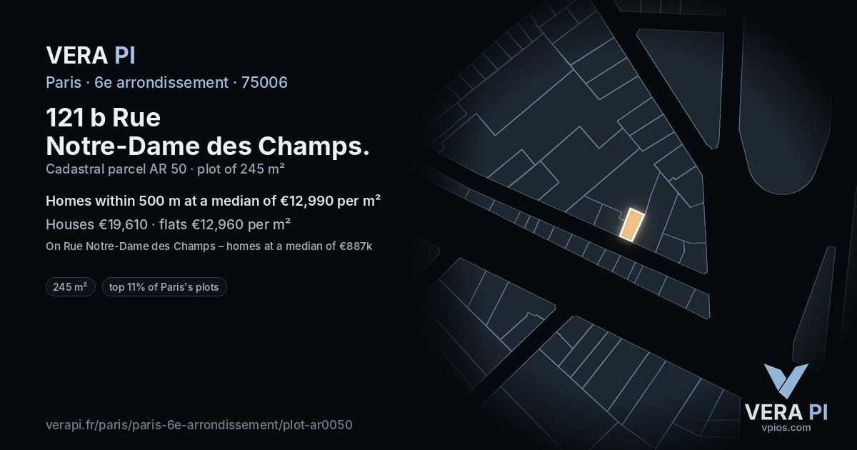 121 b Rue Notre-Dame des Champs, 6e arrondissement at night – the plot lit, the parcels around coloured by the prices near them