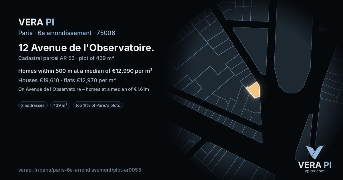 12 Avenue de l'Observatoire, 6e arrondissement at night – the plot lit, the parcels around coloured by the prices near them