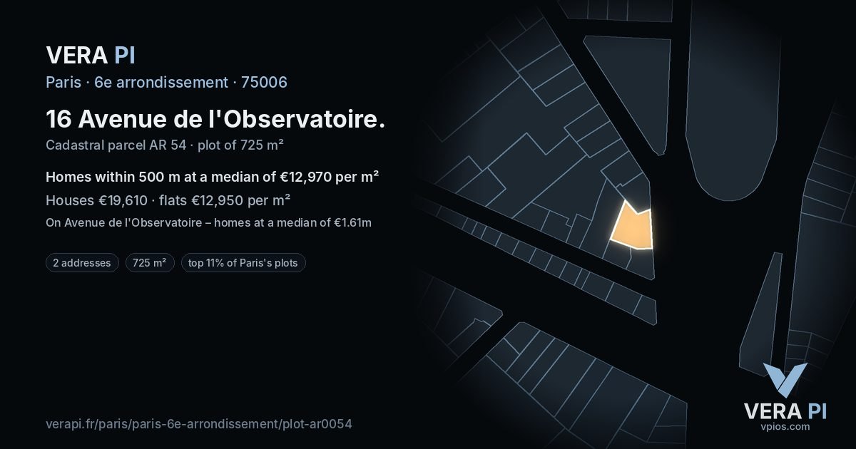 16 Avenue de l'Observatoire, 6e arrondissement at night – the plot lit, the parcels around coloured by the prices near them