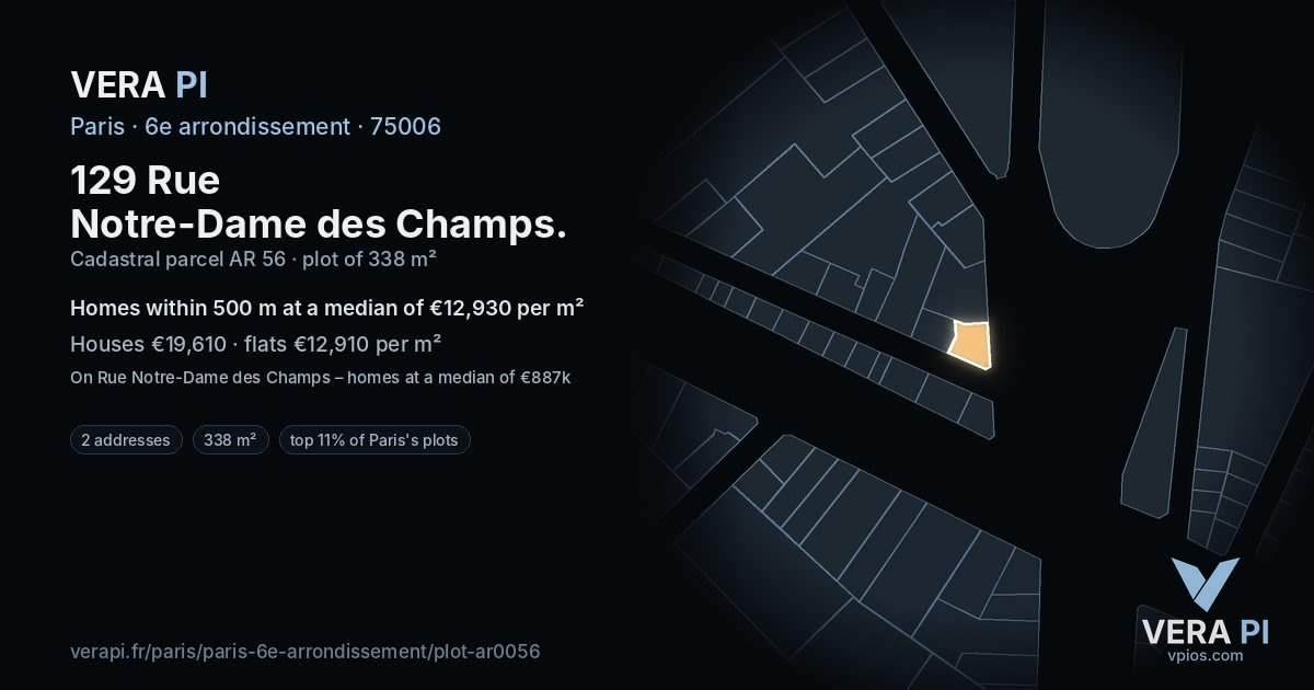 129 Rue Notre-Dame des Champs, 6e arrondissement at night – the plot lit, the parcels around coloured by the prices near them